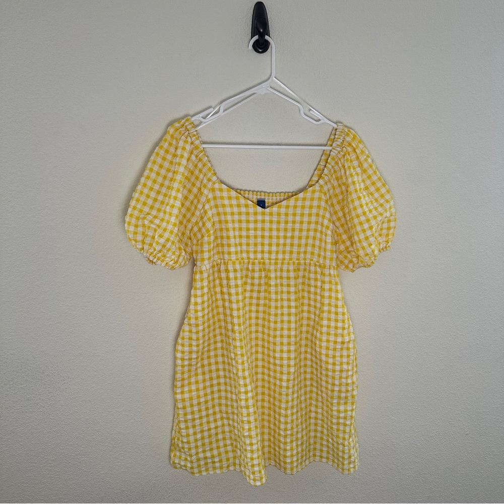 Old Navy Yellow Gingham‎ Puff Sleeve Pocket Dress Summer Cottagecore Small